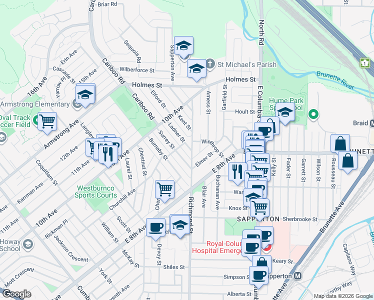map of restaurants, bars, coffee shops, grocery stores, and more near 816 Ladner Street in New Westminster