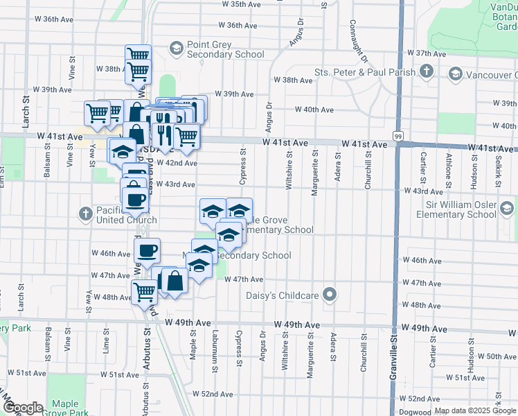 map of restaurants, bars, coffee shops, grocery stores, and more near 5985 Angus Drive in Vancouver