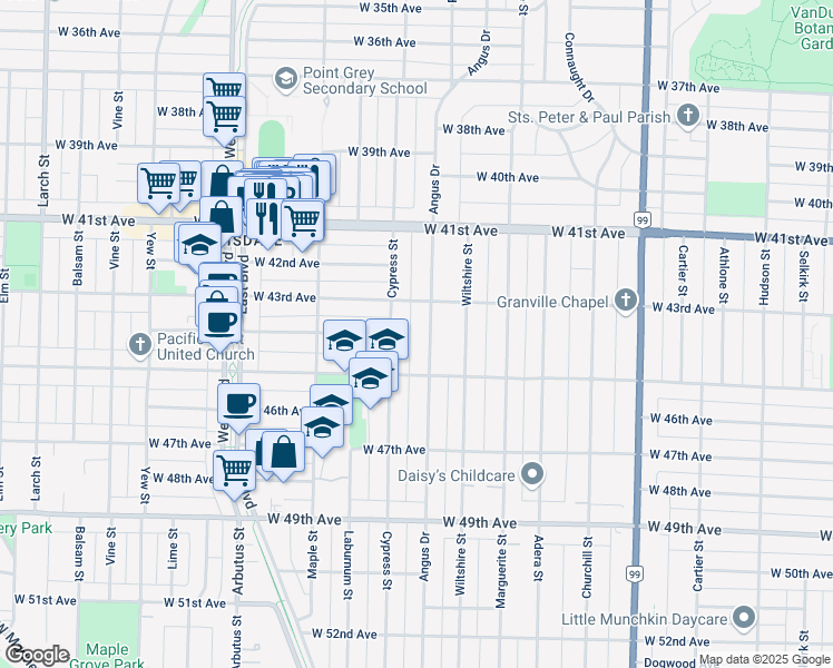 map of restaurants, bars, coffee shops, grocery stores, and more near 5985 Angus Drive in Vancouver