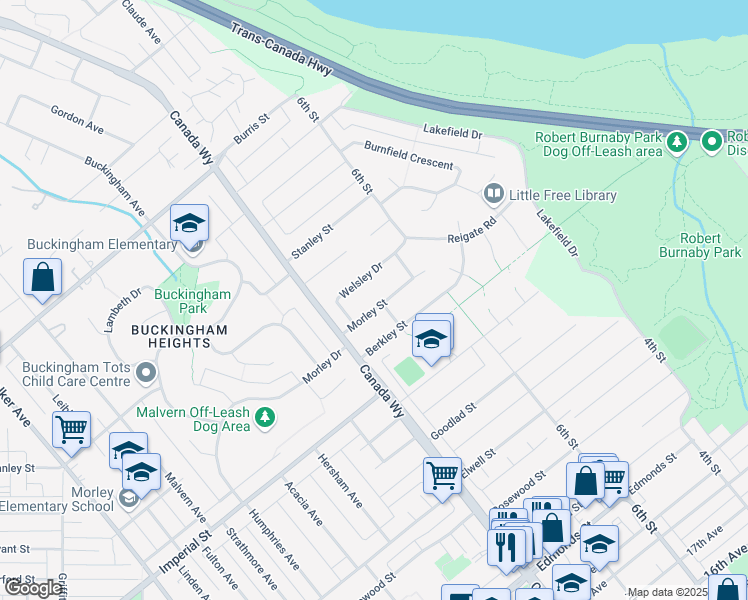 map of restaurants, bars, coffee shops, grocery stores, and more near 7787 Morley Street in Burnaby