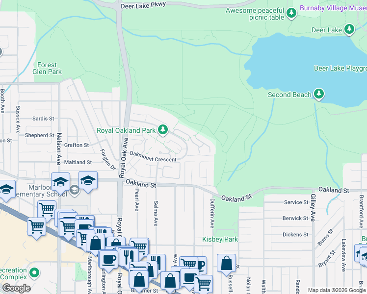 map of restaurants, bars, coffee shops, grocery stores, and more near 5240 Oakmount Crescent in Burnaby