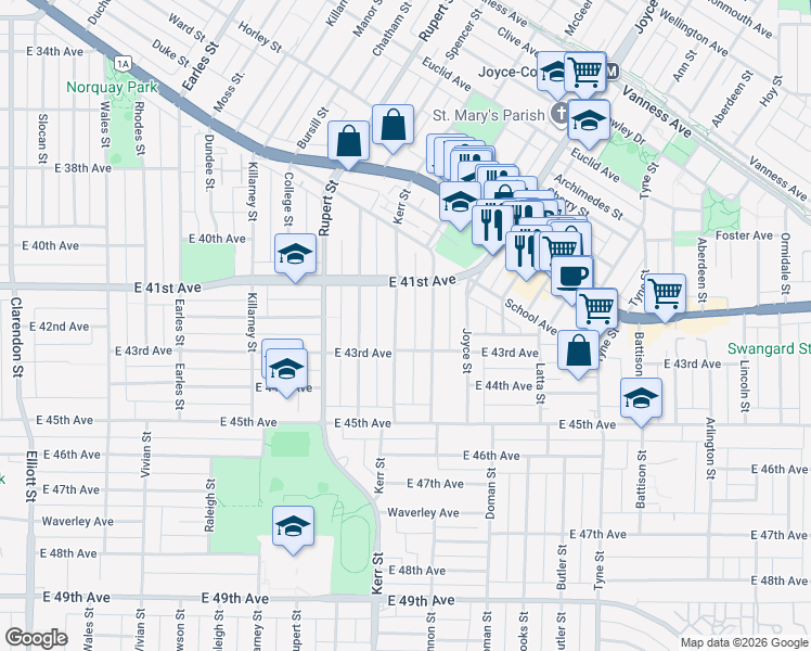 map of restaurants, bars, coffee shops, grocery stores, and more near 5760 Kerr Street in Vancouver