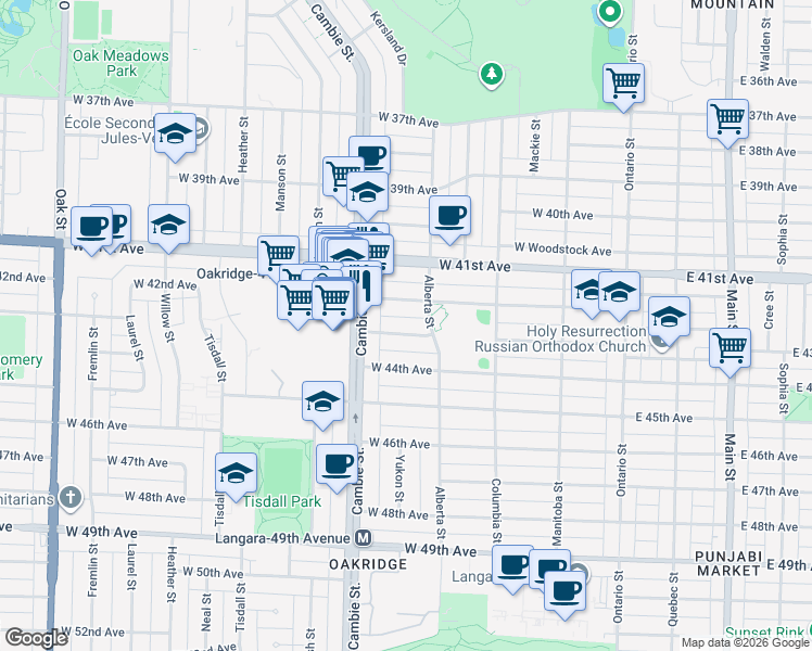 map of restaurants, bars, coffee shops, grocery stores, and more near 407 West 43rd Avenue in Vancouver