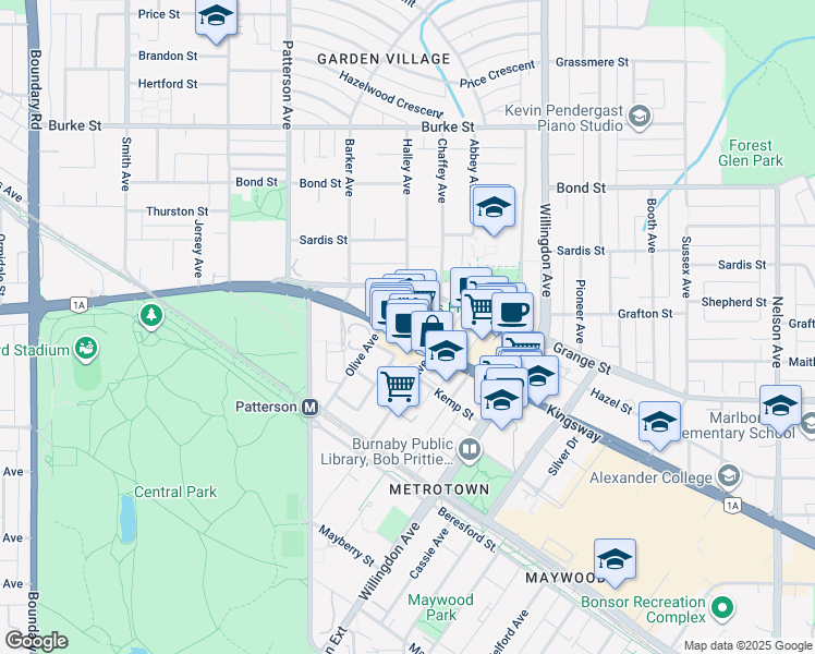 map of restaurants, bars, coffee shops, grocery stores, and more near 4287 Kingsway in Burnaby