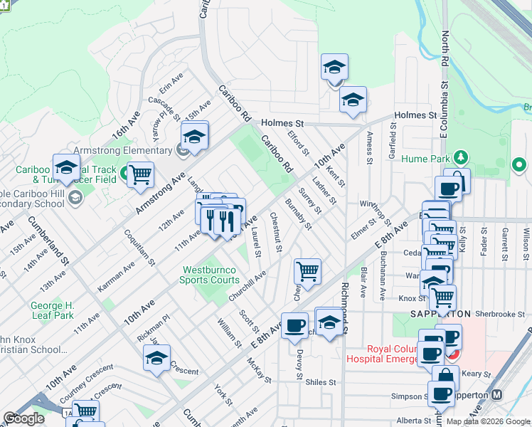 map of restaurants, bars, coffee shops, grocery stores, and more near 937 Chestnut Street in New Westminster