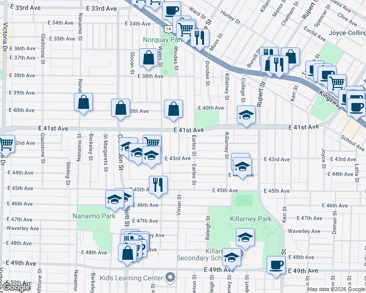 map of restaurants, bars, coffee shops, grocery stores, and more near 5756 Rhodes Street in Vancouver