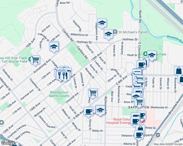 map of restaurants, bars, coffee shops, grocery stores, and more near 911 Burnaby Street in New Westminster