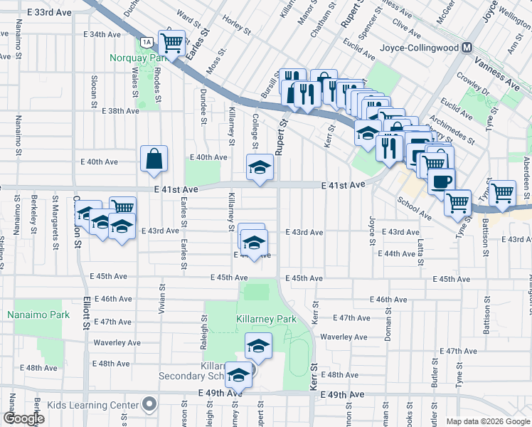 map of restaurants, bars, coffee shops, grocery stores, and more near 2978 East 42nd Avenue in Vancouver
