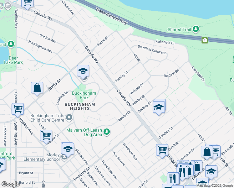 map of restaurants, bars, coffee shops, grocery stores, and more near 6375 Canada Way in Burnaby