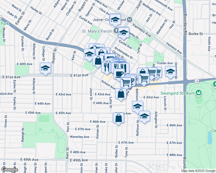 map of restaurants, bars, coffee shops, grocery stores, and more near 3288 School Avenue in Vancouver