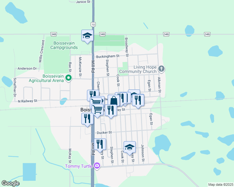 map of restaurants, bars, coffee shops, grocery stores, and more near 625 Cook Street in Boissevain