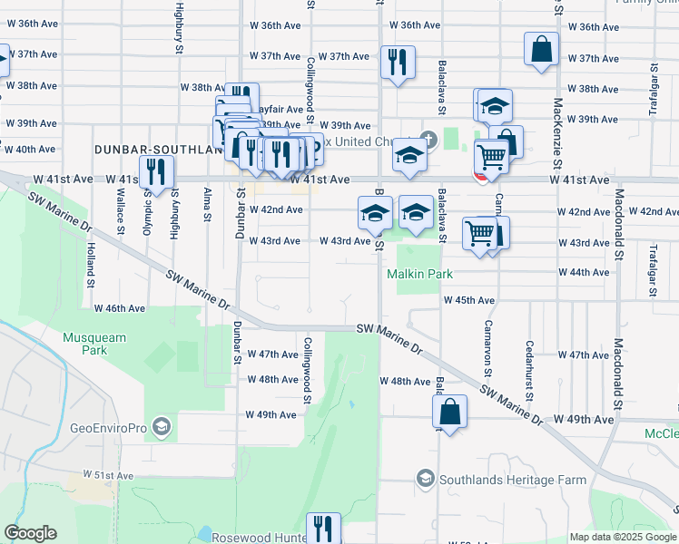 map of restaurants, bars, coffee shops, grocery stores, and more near 3414 West 44th Avenue in Vancouver