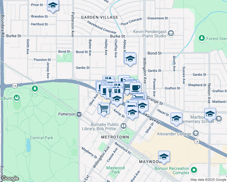 map of restaurants, bars, coffee shops, grocery stores, and more near in Burnaby
