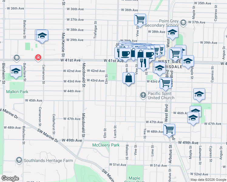 map of restaurants, bars, coffee shops, grocery stores, and more near in Vancouver