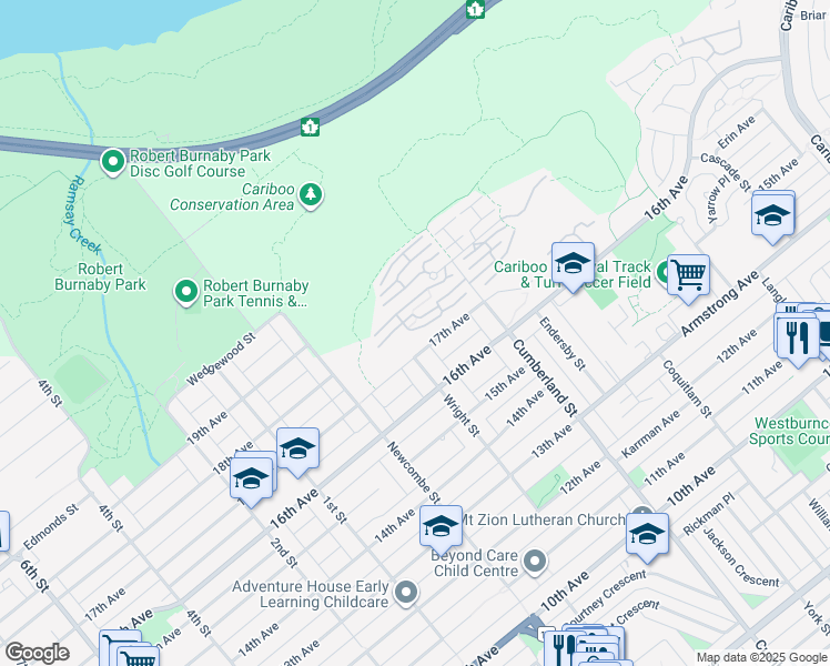 map of restaurants, bars, coffee shops, grocery stores, and more near 7501 Cumberland Street in Burnaby