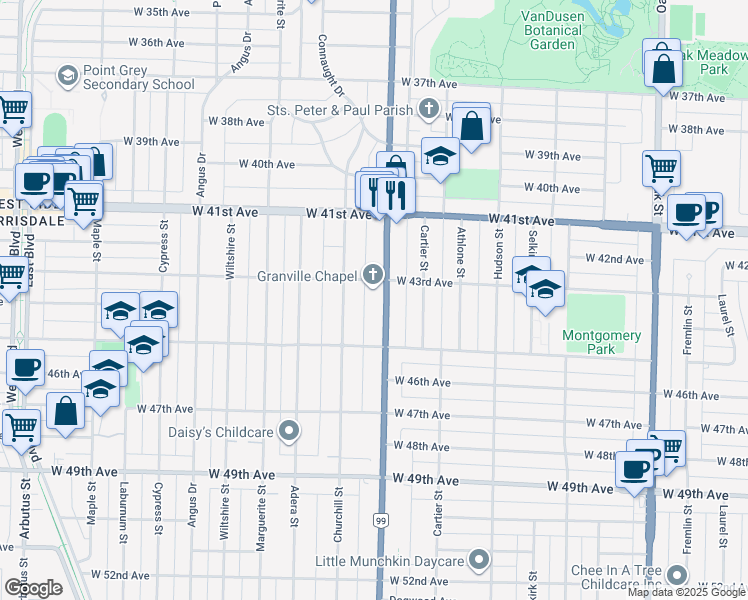 map of restaurants, bars, coffee shops, grocery stores, and more near 5969 Granville Street in Vancouver
