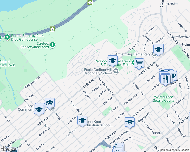 map of restaurants, bars, coffee shops, grocery stores, and more near 8483 16th Avenue in Burnaby