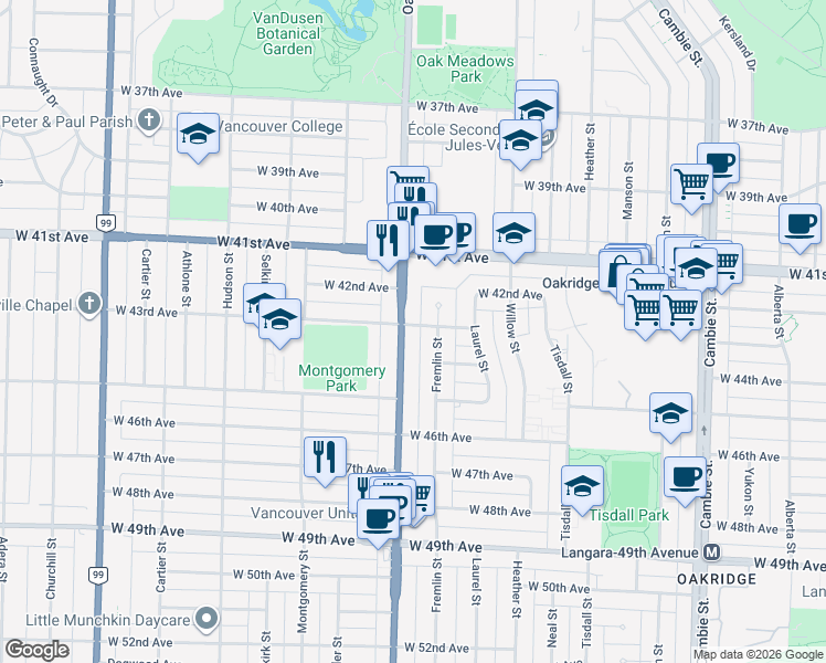 map of restaurants, bars, coffee shops, grocery stores, and more near 966 West 43rd Avenue in Vancouver