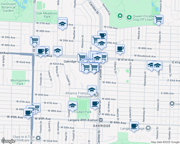 map of restaurants, bars, coffee shops, grocery stores, and more near 650 West 41st Avenue in Vancouver