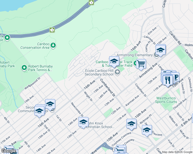 map of restaurants, bars, coffee shops, grocery stores, and more near 8483 16th Avenue in Burnaby