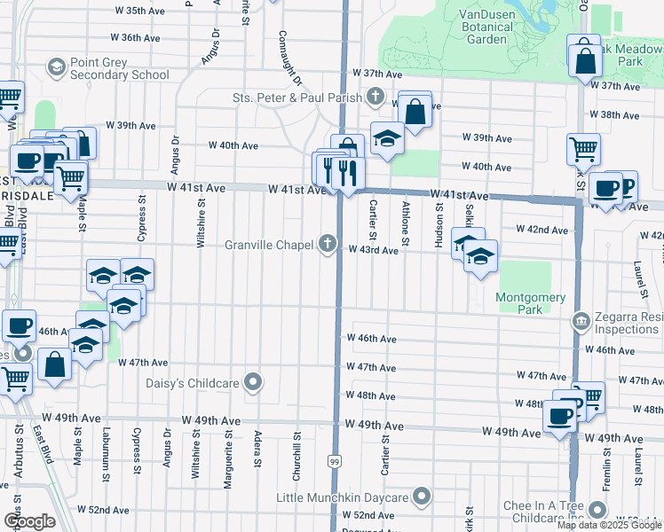 map of restaurants, bars, coffee shops, grocery stores, and more near 5965 Granville Street in Vancouver