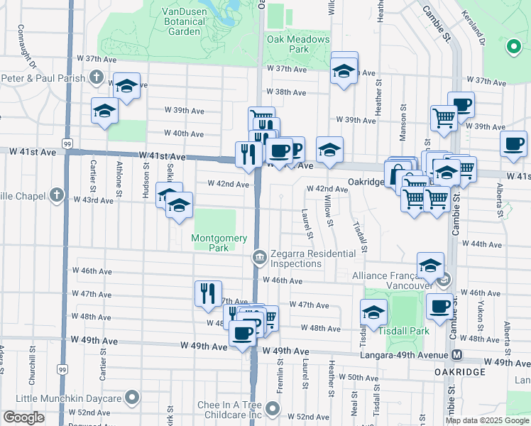 map of restaurants, bars, coffee shops, grocery stores, and more near 950 West 43rd Avenue in Vancouver