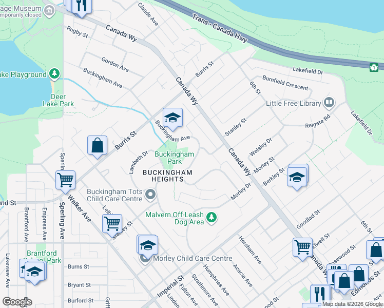 map of restaurants, bars, coffee shops, grocery stores, and more near 6233 Buckingham Drive in Burnaby