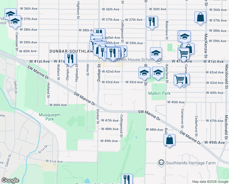 map of restaurants, bars, coffee shops, grocery stores, and more near 6021 Collingwood Place in Vancouver