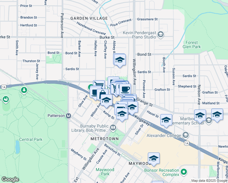 map of restaurants, bars, coffee shops, grocery stores, and more near 4390 Grange Street in Burnaby