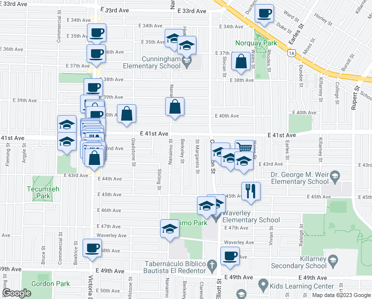 map of restaurants, bars, coffee shops, grocery stores, and more near 5748 Berkeley Street in Vancouver