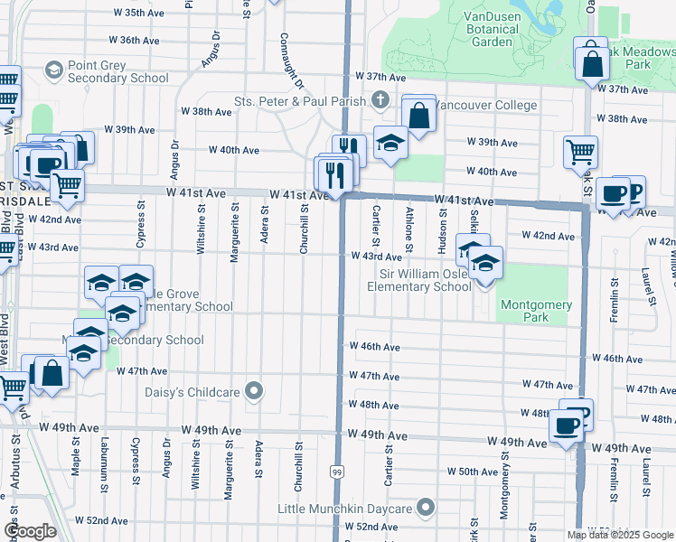 map of restaurants, bars, coffee shops, grocery stores, and more near 5969 Granville Street in Vancouver