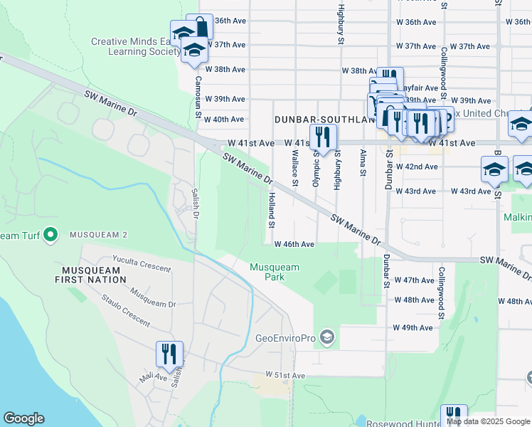 map of restaurants, bars, coffee shops, grocery stores, and more near 6017 Holland Street in Vancouver