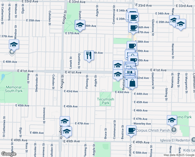 map of restaurants, bars, coffee shops, grocery stores, and more near 5774 Argyle Street in Vancouver