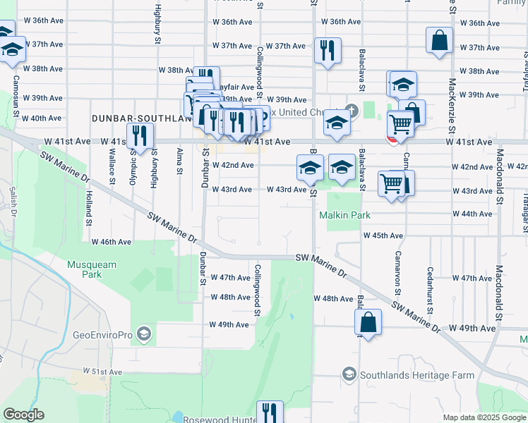 map of restaurants, bars, coffee shops, grocery stores, and more near 6008 Collingwood Street in Vancouver