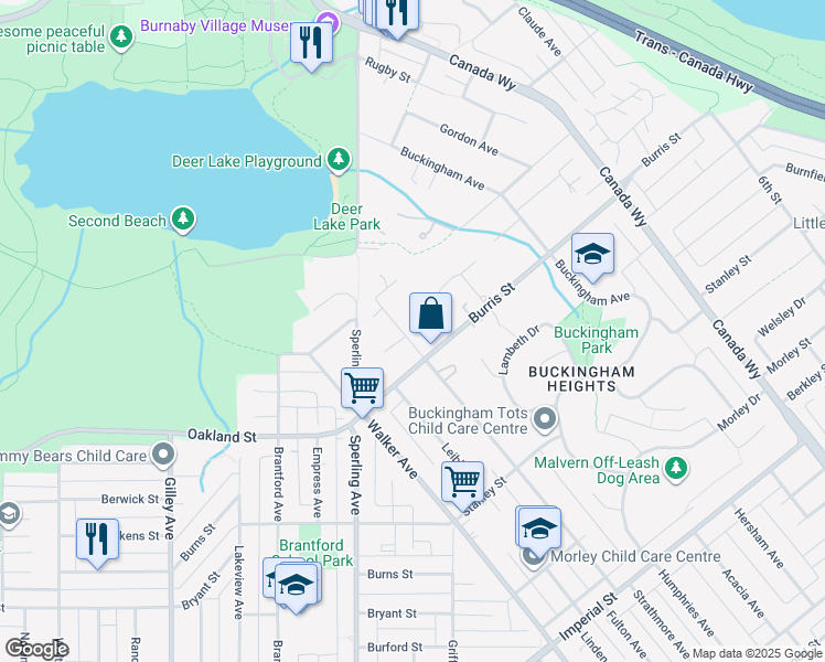 map of restaurants, bars, coffee shops, grocery stores, and more near 5816 Malvern Avenue in Burnaby