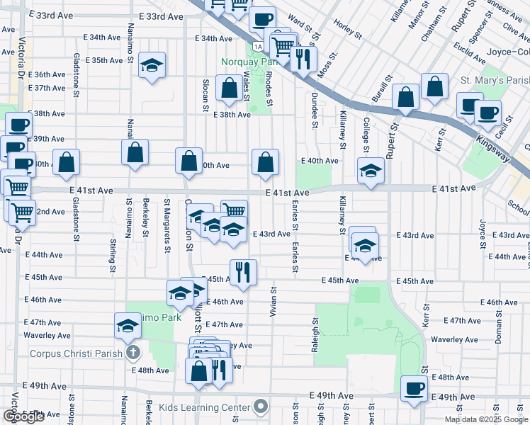 map of restaurants, bars, coffee shops, grocery stores, and more near 5741 Rhodes Street in Vancouver
