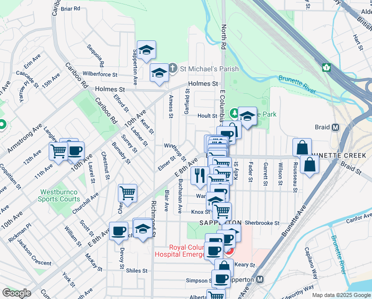 map of restaurants, bars, coffee shops, grocery stores, and more near 509 McDonald Street in New Westminster