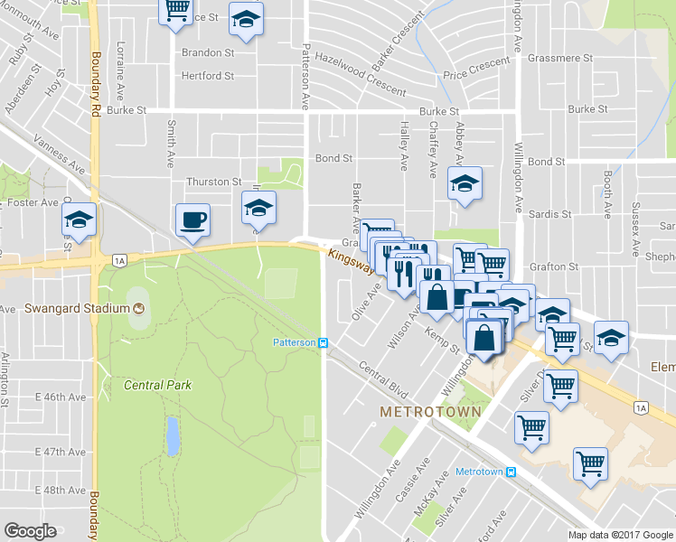 map of restaurants, bars, coffee shops, grocery stores, and more near 5808 Patterson Avenue in Burnaby