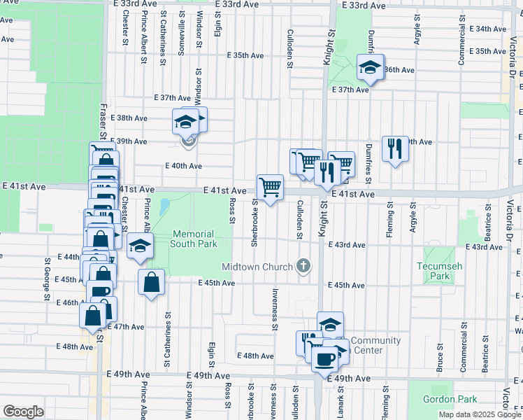 map of restaurants, bars, coffee shops, grocery stores, and more near 5770 Sherbrooke Street in Vancouver