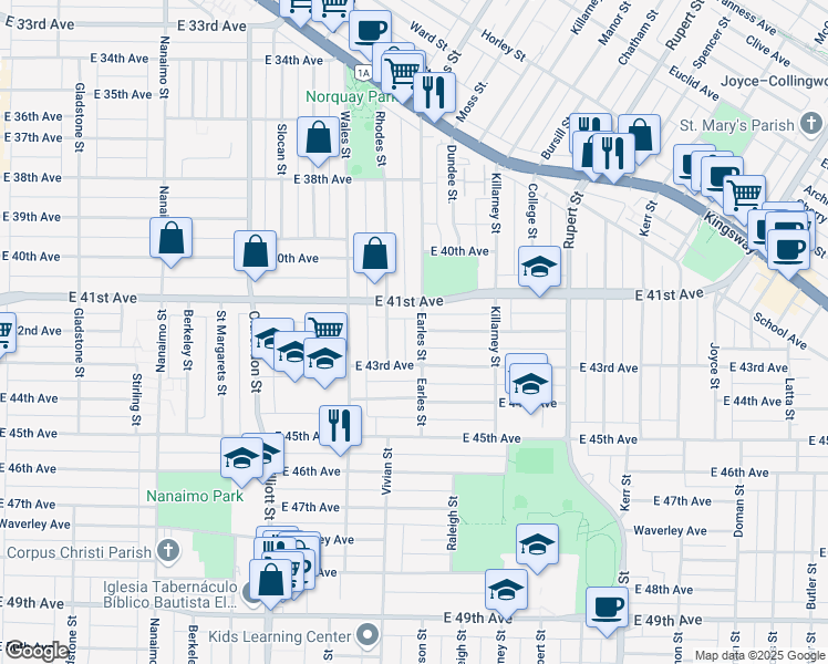 map of restaurants, bars, coffee shops, grocery stores, and more near 5735 Earles Street in Vancouver