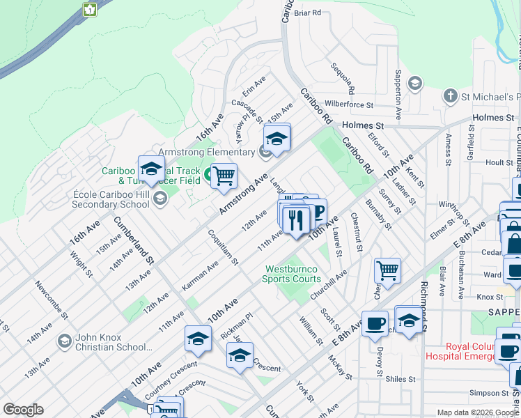 map of restaurants, bars, coffee shops, grocery stores, and more near 8665 12th Avenue in Burnaby