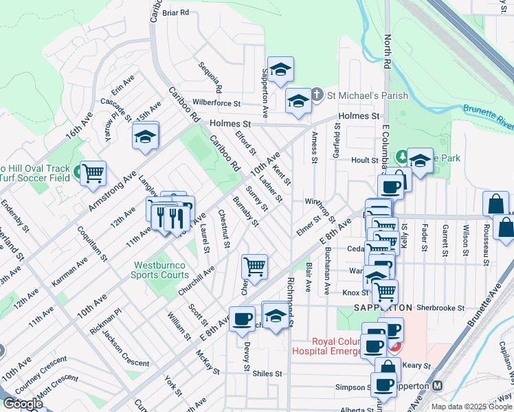 map of restaurants, bars, coffee shops, grocery stores, and more near 910 Surrey Street in New Westminster
