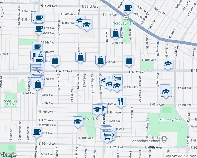 map of restaurants, bars, coffee shops, grocery stores, and more near 5737 Clarendon Street in Vancouver