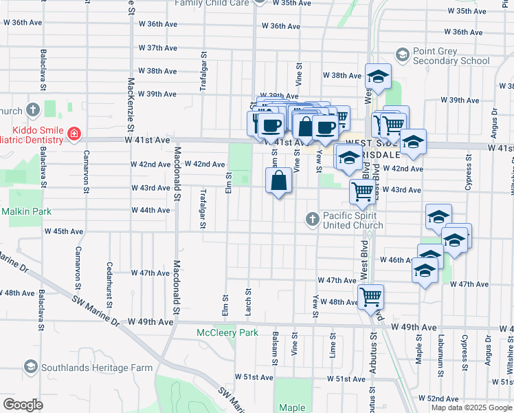 map of restaurants, bars, coffee shops, grocery stores, and more near 5986 Larch Street in Vancouver