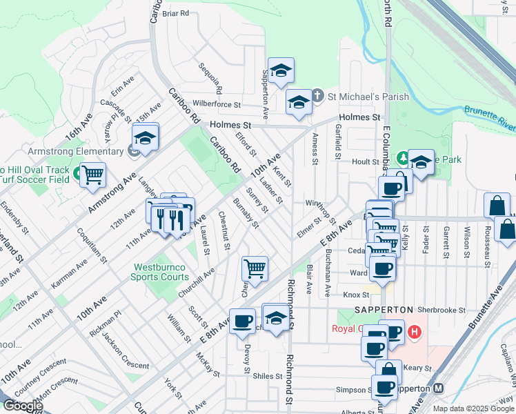 map of restaurants, bars, coffee shops, grocery stores, and more near 910 Surrey Street in New Westminster