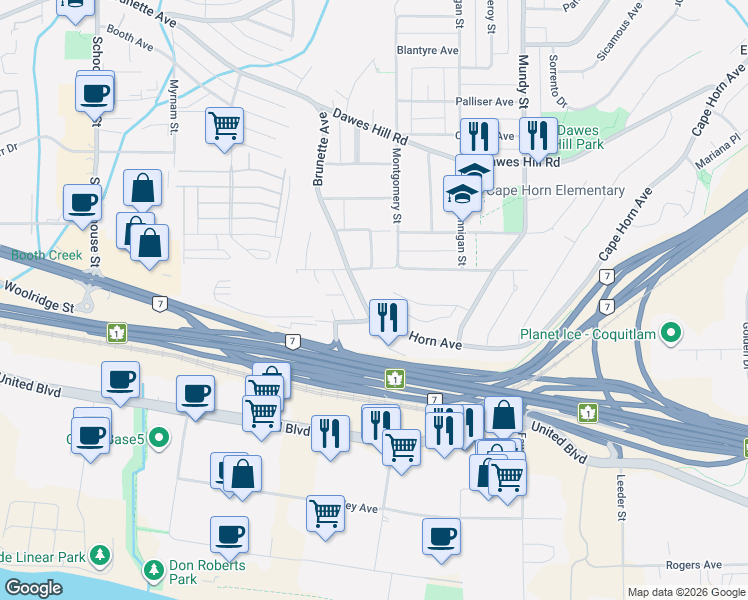 map of restaurants, bars, coffee shops, grocery stores, and more near 1935 Brunette Avenue in Coquitlam
