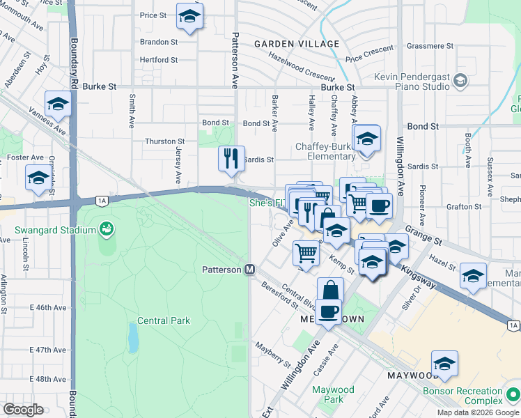 map of restaurants, bars, coffee shops, grocery stores, and more near 5790 Patterson Avenue in Burnaby
