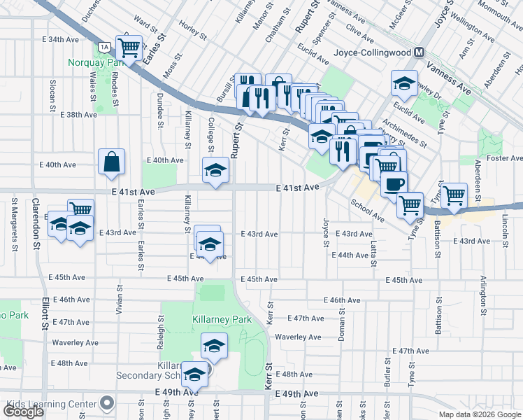 map of restaurants, bars, coffee shops, grocery stores, and more near 5738 Lancaster Street in Vancouver
