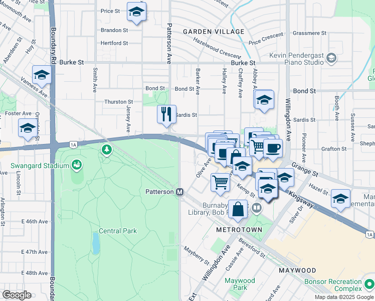 map of restaurants, bars, coffee shops, grocery stores, and more near 5790 Patterson Avenue in Burnaby