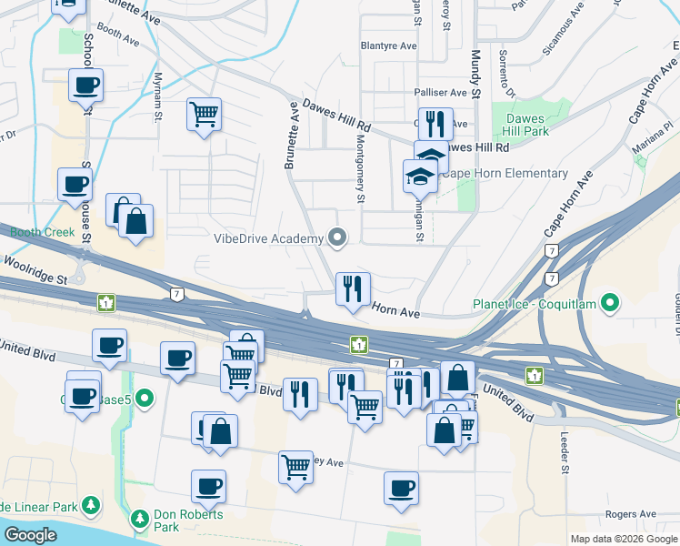 map of restaurants, bars, coffee shops, grocery stores, and more near 1935 Brunette Avenue in Coquitlam